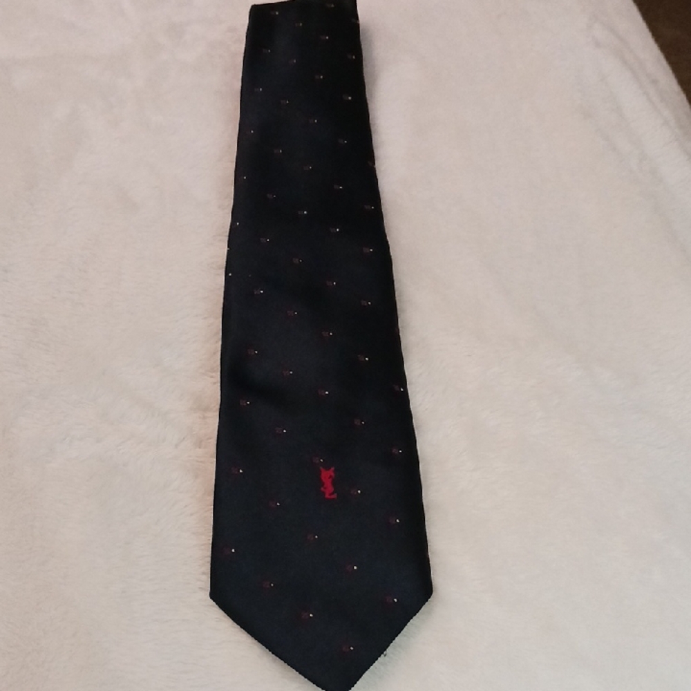Vintage Yves Saint Laurent Navy Blue Tie with Red Details
